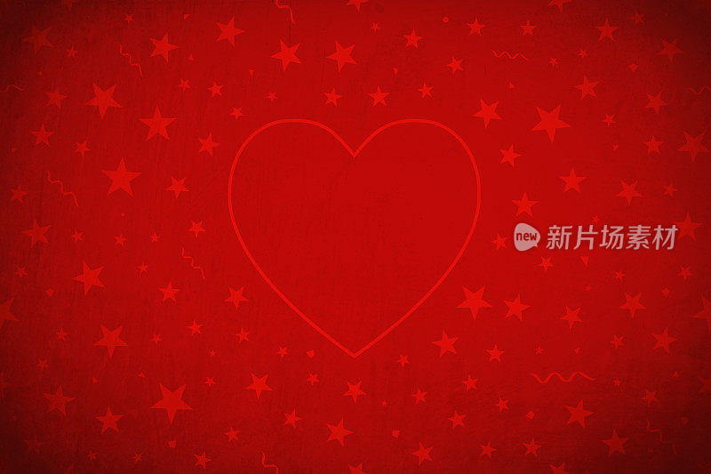 Horizontal vector illustration of a dark red grunge old starry Background with one big heart at the center and small stars and swirls all around as watermark.